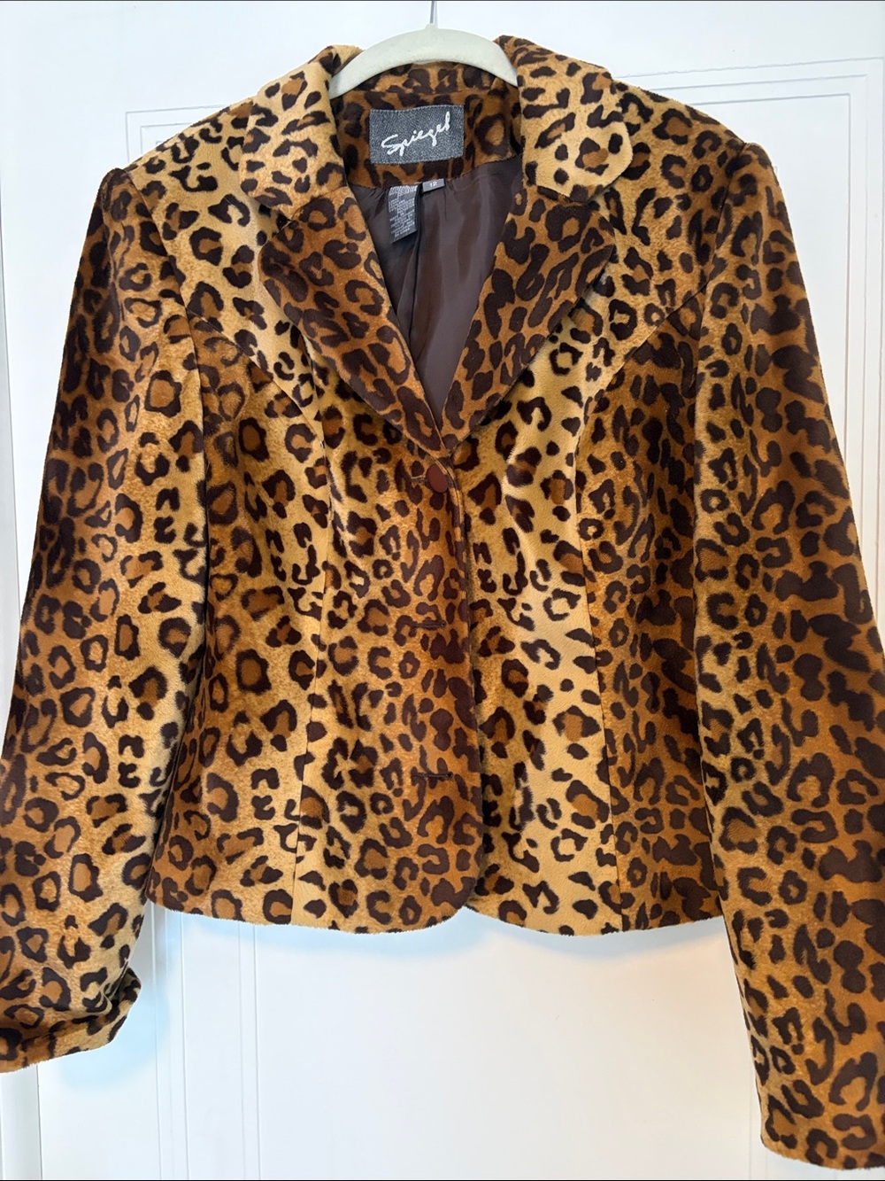 Spiegel Vintage Leopard Print Faux Fur Blazer in Brown and Tan